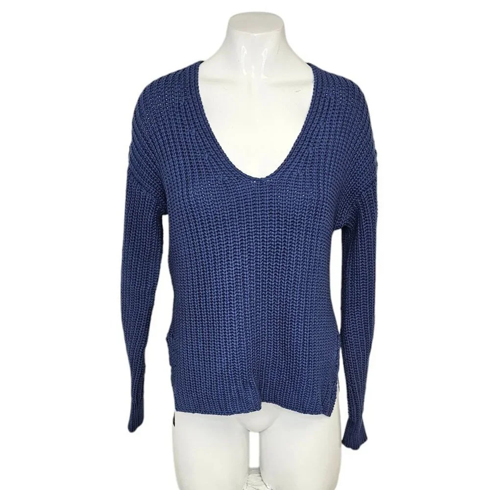 Everlane Women's The Texture Chunky Knit V-Neck Sweater Size XXS Blue